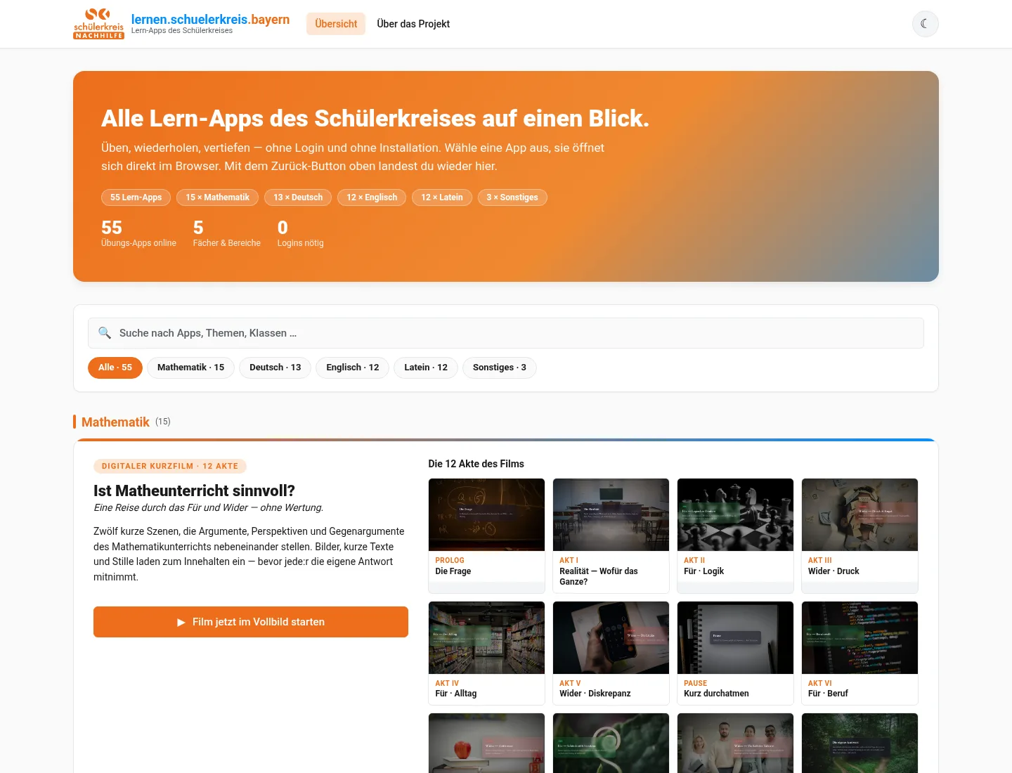 Screenshot der Lern-Plattform lernen.schuelerkreis.org: Startseite mit Suchfeld, Fachfiltern und der Übersicht aller Lern-Apps
